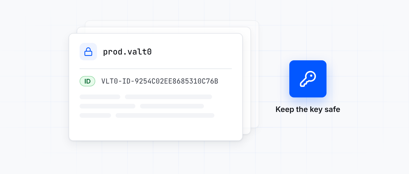Copies of prod.valt0 where only the id can be read and everything else is hidden, beside a key marked keep the key safe